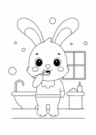 cute rabbit with bathtub and toilet vector illustration graphic design in black and whiteのイラスト素材