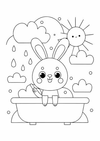 cute rabbit in bathtub with sun and clouds vector illustration designのイラスト素材