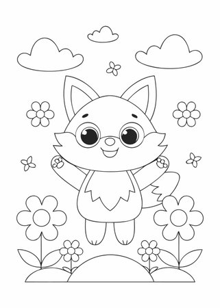 cute fox in the field with flowers cartoon vector illustration graphic designのイラスト素材