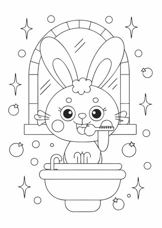 Cute bunny in the bathroom. Coloring book for kids. Vector illustration.のイラスト素材