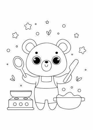 cute bear teddy with pot and cooking pot vector illustration designのイラスト素材