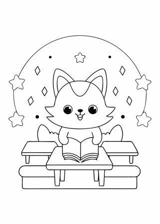 cute cat reading book in the bed cartoon vector illustration graphic designのイラスト素材