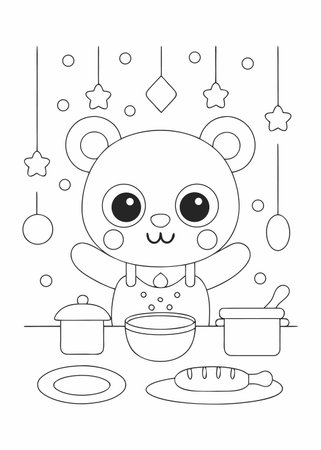 Cute bear in the kitchen. Vector illustration for coloring book.のイラスト素材