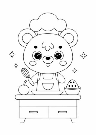 cute little bear chef with eggs and cupcake vector illustration designのイラスト素材