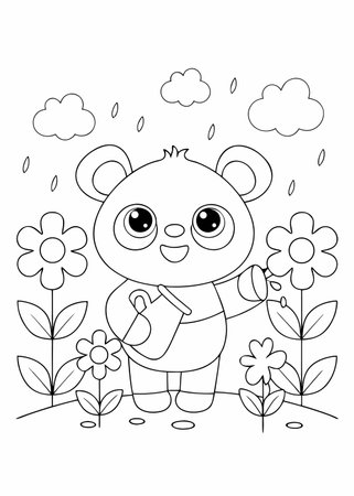 Coloring book for children: Cute panda with flowers and rainのイラスト素材