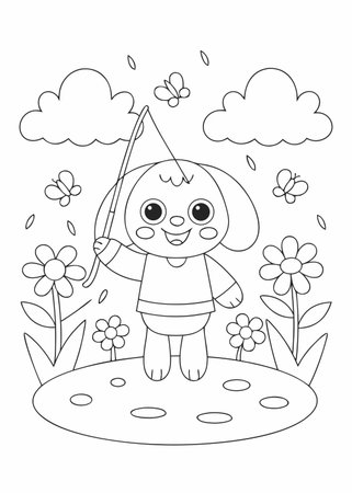 Cute little girl with a fishing rod in the garden. Coloring book for children.のイラスト素材