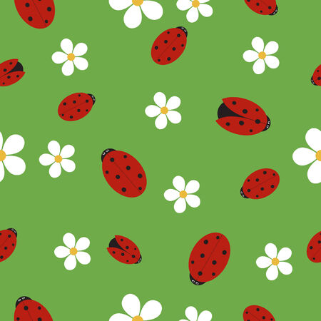 Seamless texture with ladybugs on green grass with white flowersのイラスト素材