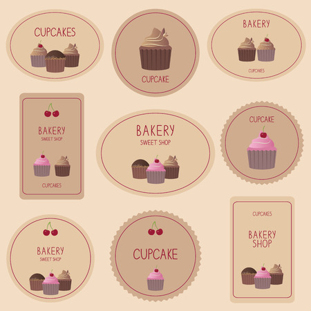 Set of bakery labels and cards for design. Vector collection of decorative sweet cupcakes.のイラスト素材