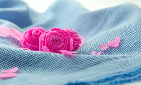 Pink rose and small hart on blue cloth background for Valentine festival.の写真素材