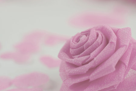 Pink rose fabric flower and small hart on white background for Valentine festival. Retro style color...