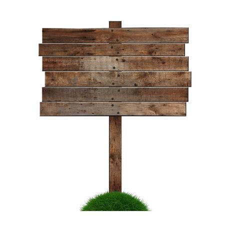 Old wooden billboard on the grass isolated on white backgroundの写真素材