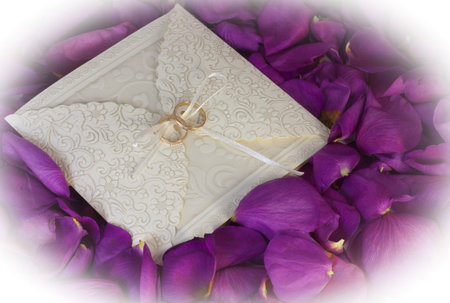 two rings on the wedding card among the rose petalsの写真素材