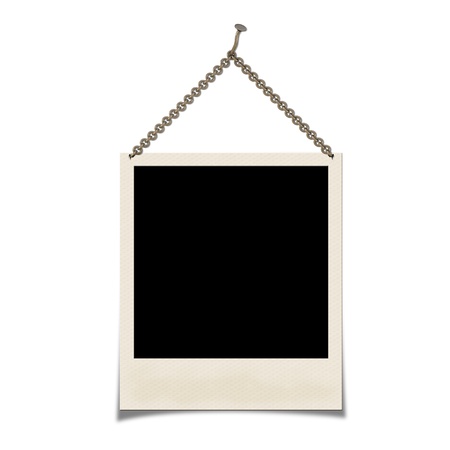 Photo hanging on a chain isolated on a white backgroundの写真素材