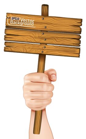 A hand holding a wooden sign.のイラスト素材