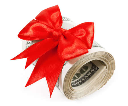 Pack of dollars tied with ribbon isolated on white backgroundの写真素材