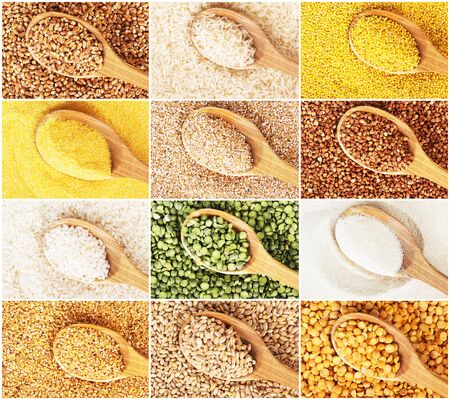 Collection of dry cereals on wooden spoonsの写真素材