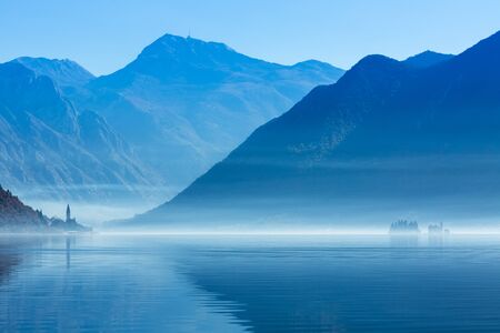 panorama of Perast and islands in the fog. Montenegro.の写真素材