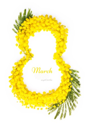 Greeting Card International Women's Day on March 8th. Branches of mimosa in the form of number eightの写真素材