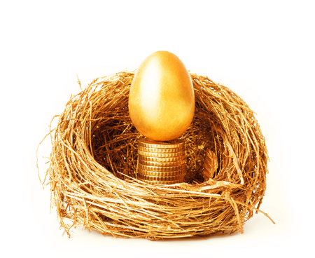 Golden egg in the gold nest. Isolated on white backgroundの写真素材