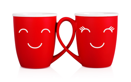 Two red cups of fragrant coffee for your design. Cute Characters. Advertising coffee.の写真素材
