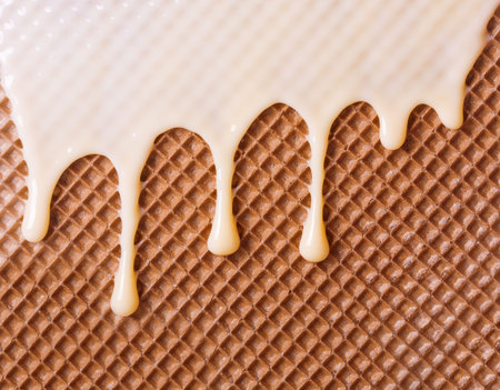 White hot chocolate on the wafer. Waffle covered with condensed milk close-up. White hot chocolate...