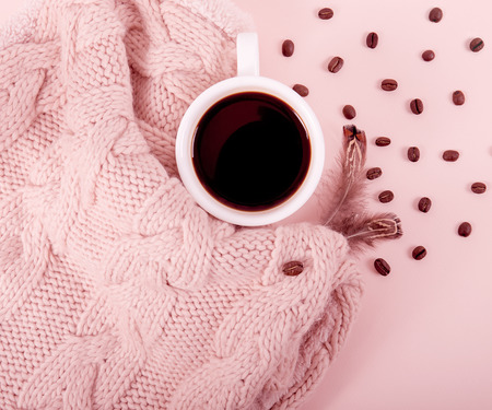 Cup of fragrant coffee on a cool day. Black warm coffee in cold weather. View from above.の写真素材