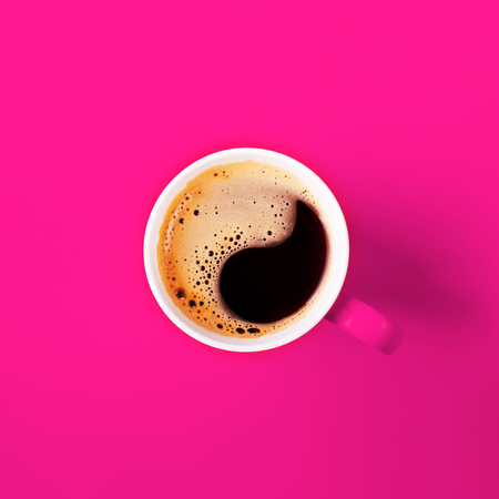 Fragrant coffee on a pink background for your advertising.の写真素材