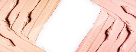 Smears of foundation for face.A smears of lipstick. Cosmetic smears of liquid. Samples of blush for...