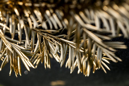 Christmas card. Golden Christmas tree close-up for design postcards. Luxury greeting card for the...