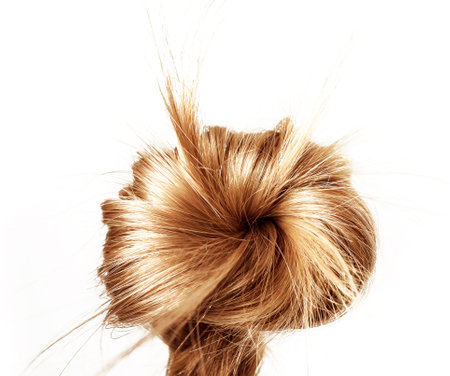 Healthy, shiny hair braided in a bun on a white background. Hair sample.の写真素材