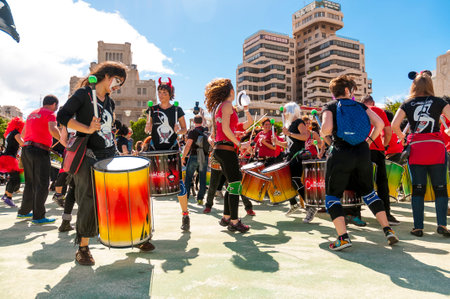 SANTA CRUZ DE TENERIFE, SPAIN - FEBRUARY 21: Musical group of drummers on carnival on February 21,...