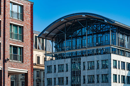 Hamburg / Germany - 09 06 2018: Cityscape of Hamburg downtown with corporate building. Old brick...