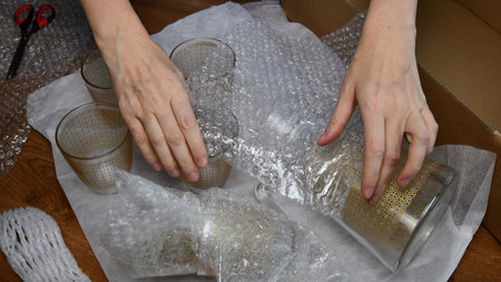 Woman hands pack up fragile glassware into wrapping bubble plastic in preparation to move in new...