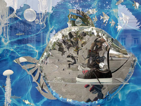 Abstraction with distorted reflection in creative showcase of shop window with shoes on shelf....