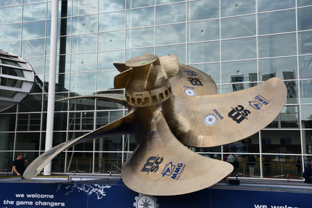 Ship propeller screw in front of glass mirror wall at maritime trade fair SMM 2024. Shipbuilding, Machinery and Marine Technology trade fair. Marine business exhibition Hamburg Germany 09 04 2024のeditorial素材