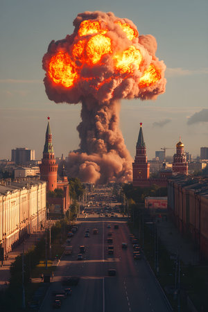 Powerful nuclear explosion erupts with fiery clouds into sky and illuminating Moscow city landscape. Kremlin towers at epicenter of nuclear explosion. Beginning of third world war. Nuclear war startの素材