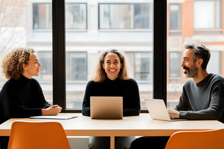 Three professionals gather around a table in a bright, modern office. They are having a discussion while using laptops, exchanging ideas, and collaborating on their projects.の素材