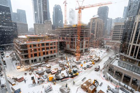 Workers and machinery are busy at a construction site in a city, surrounded by snow. Cranes operate overhead as buildings take shape amidst falling snowflakes and winter conditions.の素材