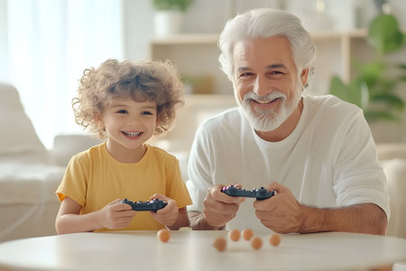 A grandfather and his grandson are happily playing video games in a bright and inviting living room. They share joyful expressions while holding game controllers.の素材