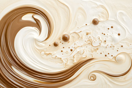 Swirls of creamy mousse in varying shades of brown and beige blend seamlessly, forming an enticing dessert background. The soft textures and color contrasts evoke a sense of indulgence and sweetness.の素材