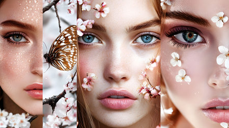 In a vibrant collage, four young women showcase their beauty with delicate floral arrangements and butterflies. Each portrait reflects the essence of spring. Natural intricate details. Faces of springの素材