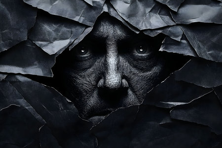 A man s face emerges from crumpled black paper, conveying profound emotions of sadness and despair. The dark and shadowed environment enhances the sense of isolation.の素材