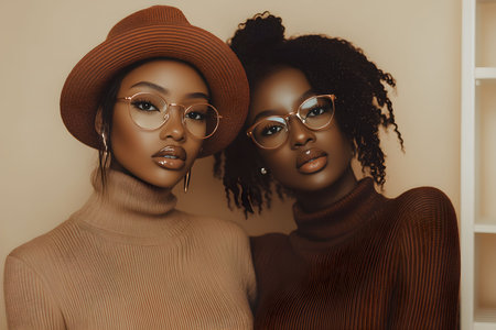 Two black women wearing matching mocha mousse sweaters stand side by side, showcasing their fashionable eyeglasses and confident expressions against a soft, neutral background.の素材