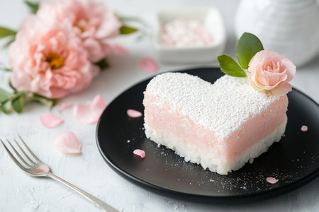 Heart shaped pastry cake features a soft pink filling and is decorated with a small rose and leaves. It is served on a black plate alongside fresh pink flowers for a charming presentation.の素材