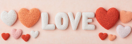 Displaying a beautifully crafted crochet banner, this decorative piece highlights the word love surrounded by various colorful hearts, creating a warm and festive ambiance for Valentines Day.の素材