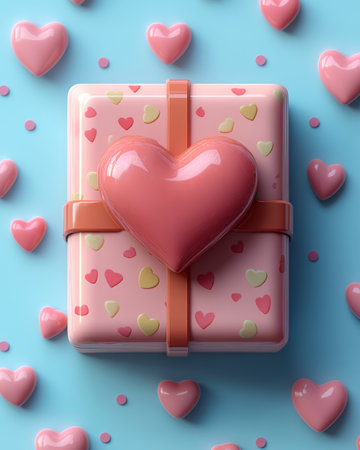 A gift box designed for Valentines Day features a prominent heart on top, surrounded by colorful heart shaped decorations scattered around. This festive setup invites feelings of love and affection.の素材