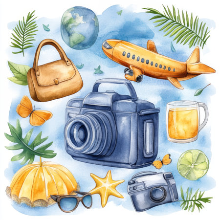 Colorful clipart set showcasing travel essentials such as cameras, an airplane, tropical drinks, and nature elements, perfect for travel themed projects and designs.の素材