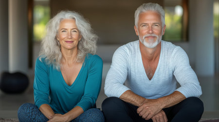 In a calm and inviting setting, an active aging couple sits side by side, sharing smiles and laughter. They embody a joyful lifestyle that embraces health and connection.の素材