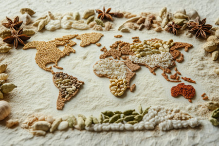 A detailed world map is arranged using assorted cereals and spices, highlighting geographical regions with natural textures and colors, creating an artistic display and celebrating global diversity.の素材