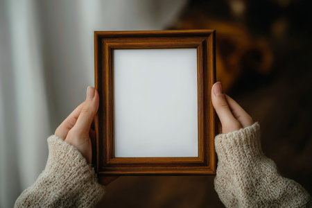 Hands are holding an empty frame mockup made of wood. The frame is blank, designed for displaying artwork or photographs. This setup creates a versatile option for presentations and creative designs.の素材